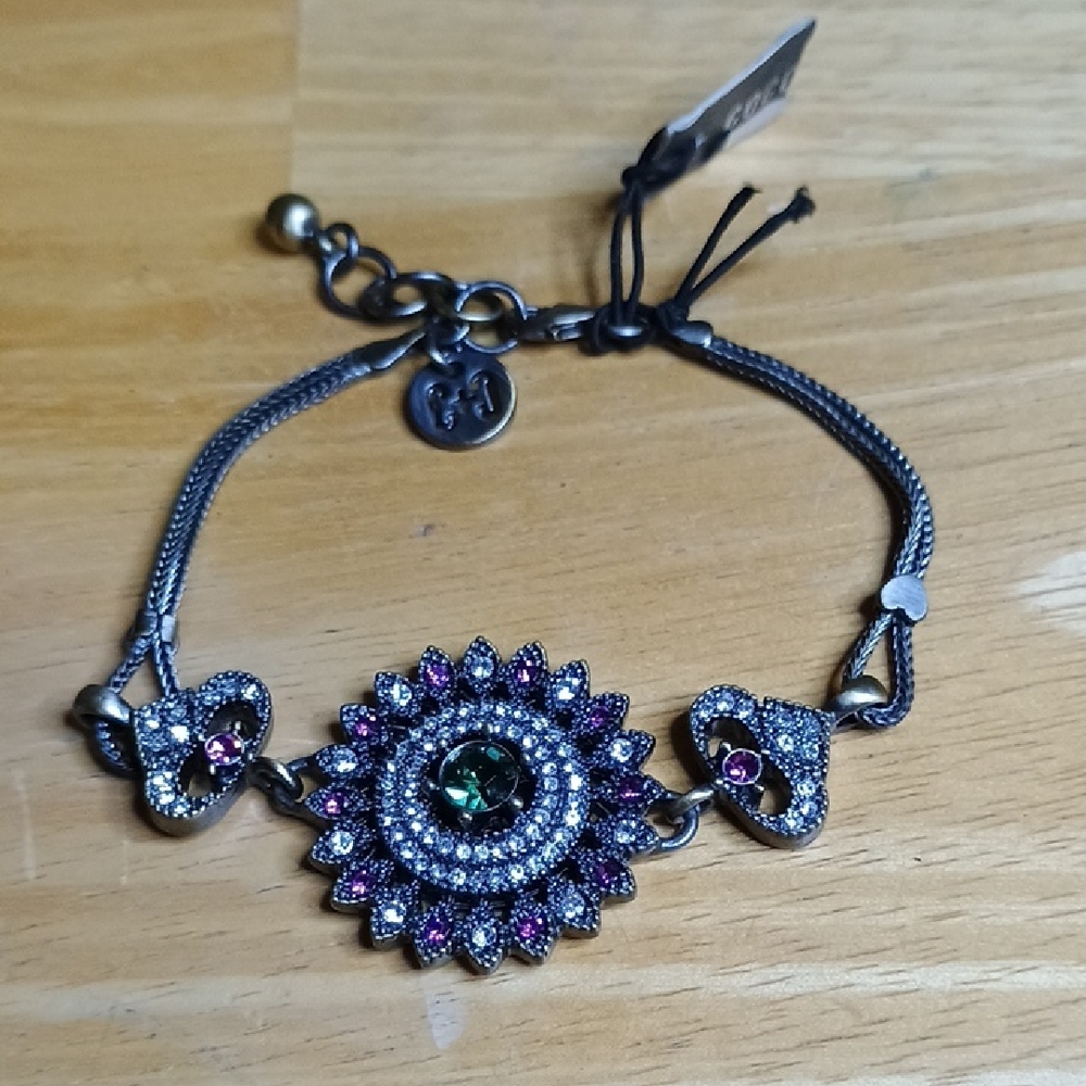 C+C Bronze Toned Bracelet With Green Purple And Clear Stones.